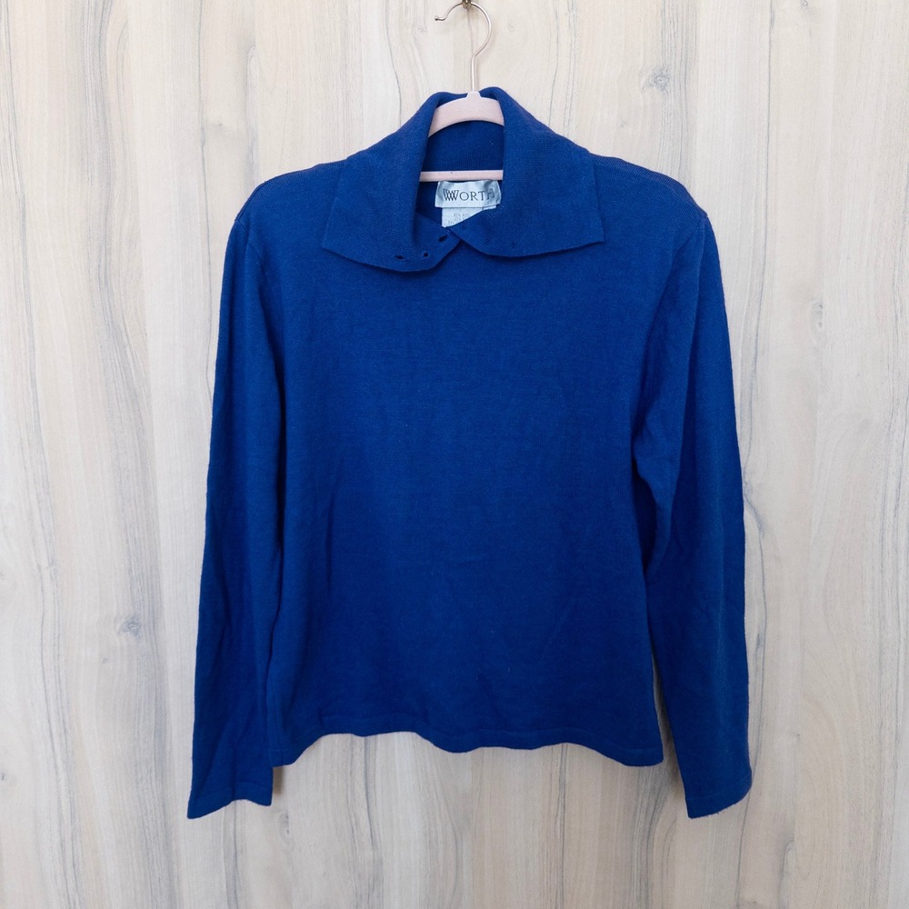 Vintage Worth Womens Wool Silk Sweater L Blue Button Collar Preppy Classic Retro